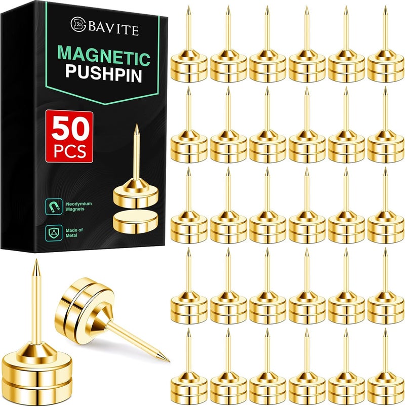 E BAVITE 50 Set Magnetic Push Pins,Flat Push Pin, Magnetic Thumb Tacks for Wall Bulletin Board Poster and Photo Hangers (Gold) - Image 1